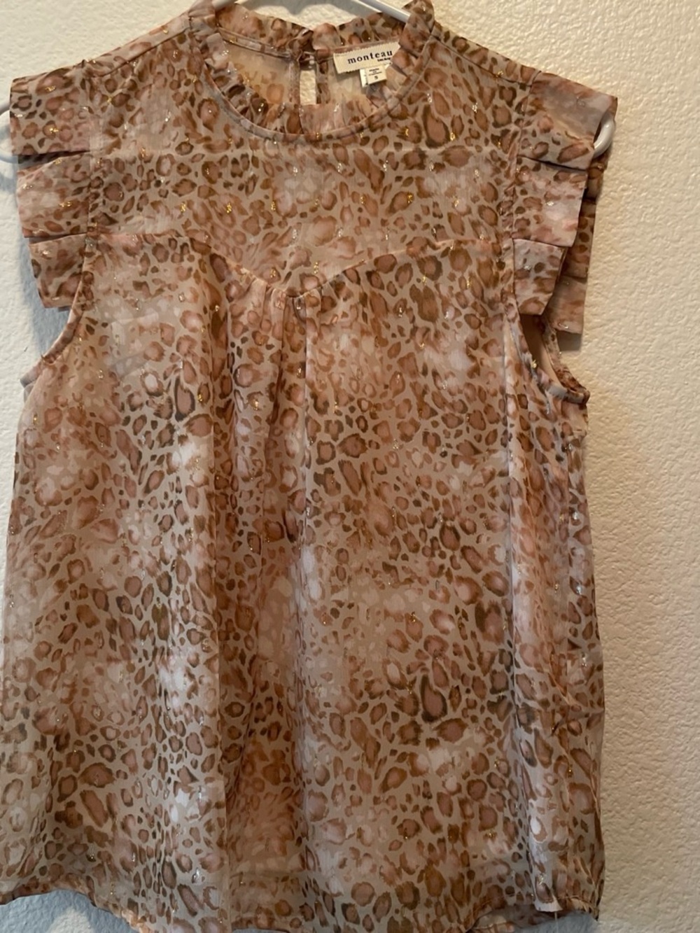 Monteau Neutral Leopard Print Ruffle Sleeve Top with Metallic Dots